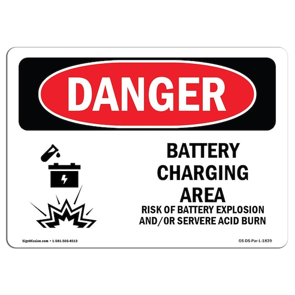 Safety Sign, OSHA Danger, 18" Height, Battery Charging Area Risks, Landscape, D-1824-L-1839